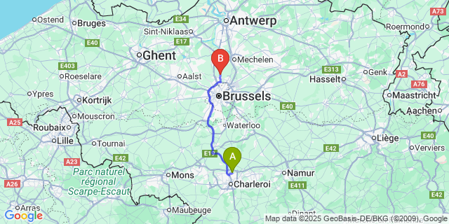 Map: Charleroi Airport Brussels South (CRL) to Beigem