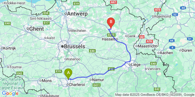 Map: Charleroi Airport Brussels South (CRL) to Beringen