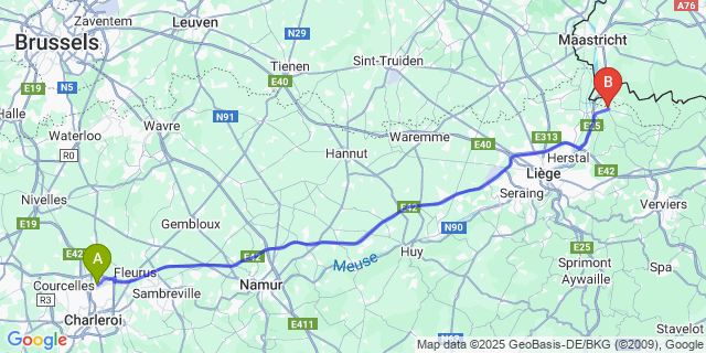 Map: Charleroi Airport Brussels South (CRL) to Berneau