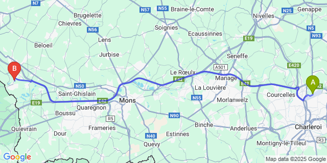 Map: Charleroi Airport Brussels South (CRL) to Bernissart