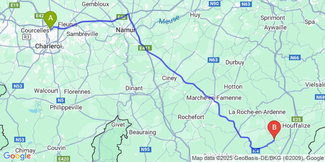 Map: Charleroi Airport Brussels South (CRL) to Bertogne