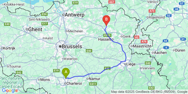 Map: Charleroi Airport Brussels South (CRL) to Beverlo
