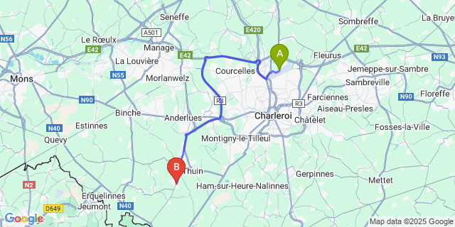 Map: Charleroi Airport Brussels South (CRL) to Biercée