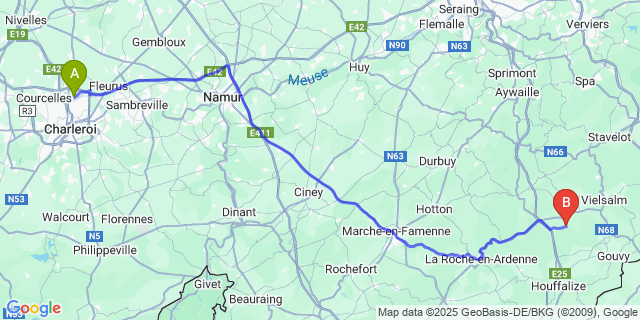 Map: Charleroi Airport Brussels South (CRL) to Bihain