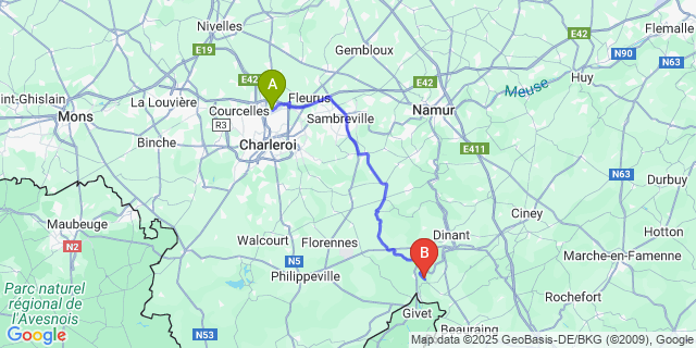 Map: Charleroi Airport Brussels South (CRL) to Blaimont