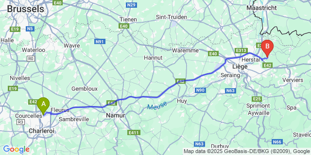 Map: Charleroi Airport Brussels South (CRL) to Blégny