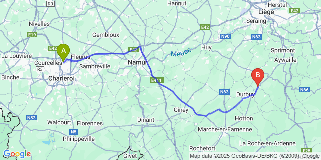Map: Charleroi Airport Brussels South (CRL) to Bomal