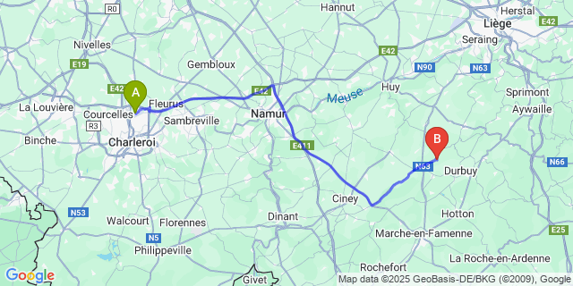Map: Charleroi Airport Brussels South (CRL) to Bonsin