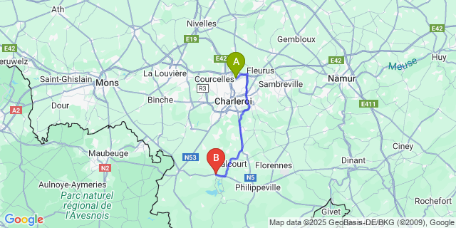 Map: Charleroi Airport Brussels South (CRL) to Boussu-Lez-Walcourt