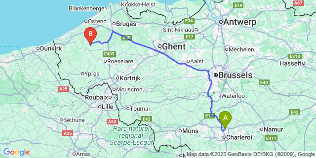 Map: Charleroi Airport Brussels South (CRL) to Bovekerke