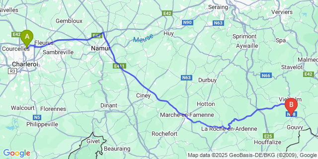Map: Charleroi Airport Brussels South (CRL) to Bovigny