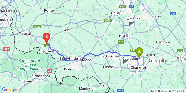 Map: Charleroi Airport Brussels South (CRL) to Braffe