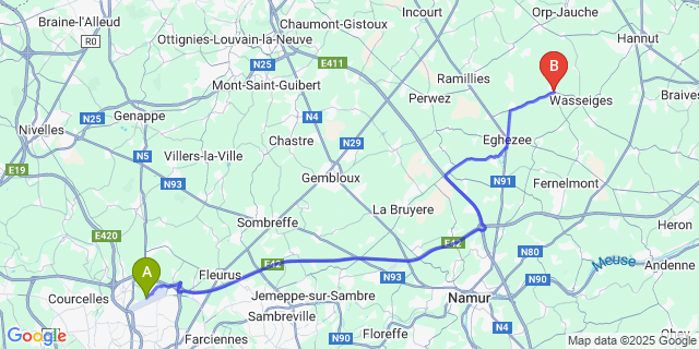 Map: Charleroi Airport Brussels South (CRL) to Branchon