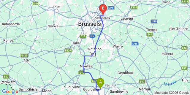 Map: Charleroi Airport Brussels South (CRL) to CANCBrussels Airport (BRU)