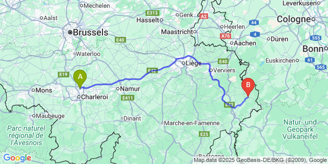 Map: Charleroi Airport Brussels South (CRL) to Büllingen