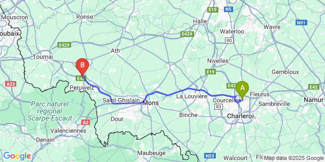 Map: Charleroi Airport Brussels South (CRL) to Bury
