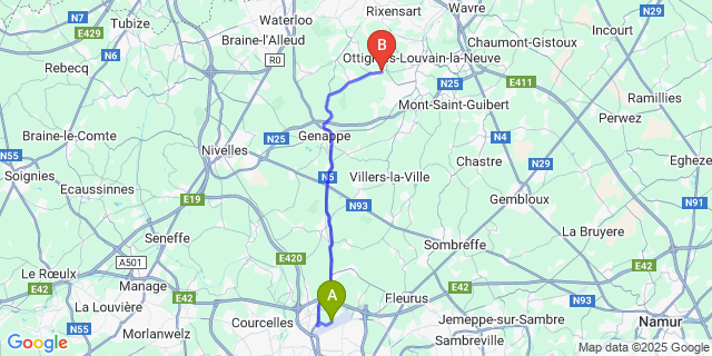 Map: Charleroi Airport Brussels South (CRL) to Ceroux-Mousty