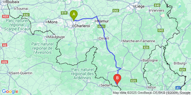 Map: Charleroi Airport Brussels South (CRL) to Chassepierre