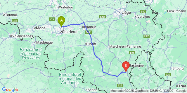 Map: Charleroi Airport Brussels South (CRL) to Chaumont
