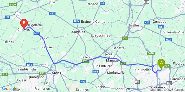 Map: Charleroi Airport Brussels South (CRL) to Chièvres