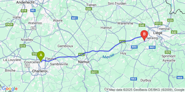 Map: Charleroi Airport Brussels South (CRL) to Chokier
