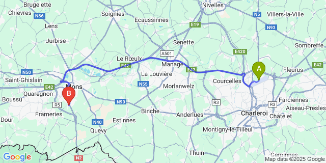 Map: Charleroi Airport Brussels South (CRL) to Ciply