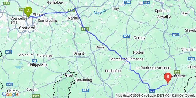 Map: Charleroi Airport Brussels South (CRL) to Compogne