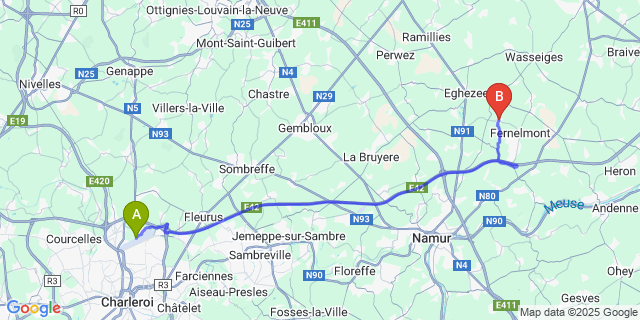 Map: Charleroi Airport Brussels South (CRL) to Cortil-Wodon (Fernelmont)
