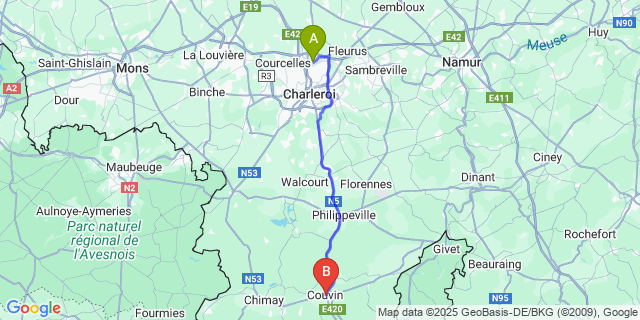 Map: Charleroi Airport Brussels South (CRL) to Couvin