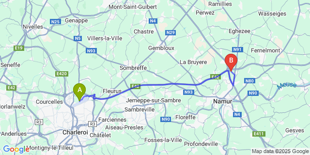 Map: Charleroi Airport Brussels South (CRL) to Daussoulx
