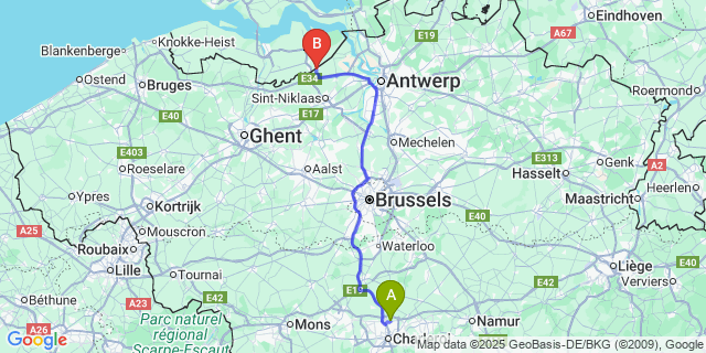 Map: Charleroi Airport Brussels South (CRL) to De Klinge