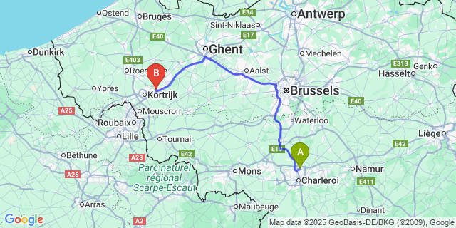 Map: Charleroi Airport Brussels South (CRL) to Deerlijk