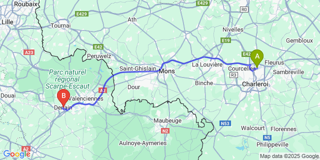 Map: Charleroi Airport Brussels South (CRL) to Denain