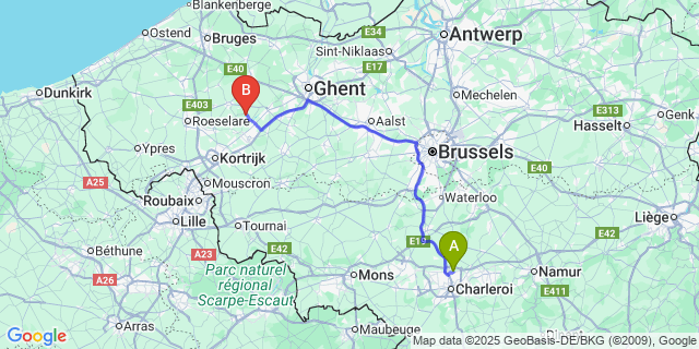 Map: Charleroi Airport Brussels South (CRL) to Dentergem