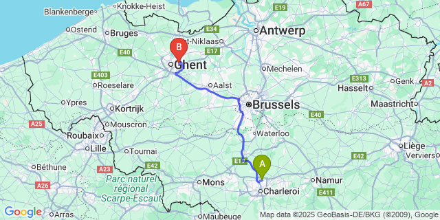 Map: Charleroi Airport Brussels South (CRL) to Destelbergen