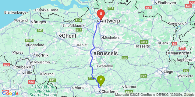 Map: Charleroi Airport Brussels South (CRL) to Deurne
