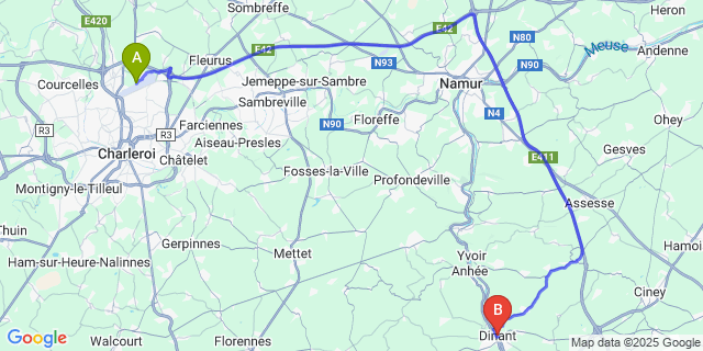 Map: Charleroi Airport Brussels South (CRL) to Dinant