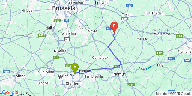 Map: Charleroi Airport Brussels South (CRL) to Dongelberg