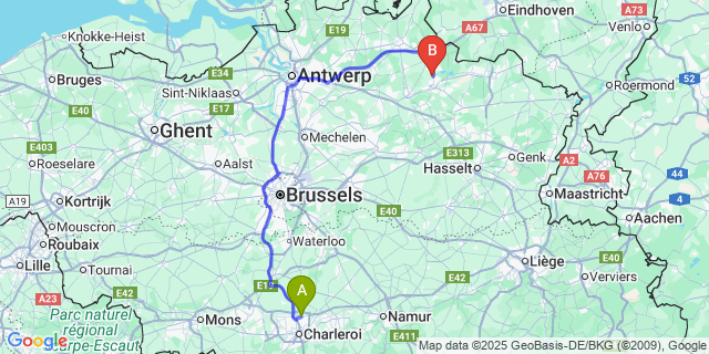Map: Charleroi Airport Brussels South (CRL) to Donk