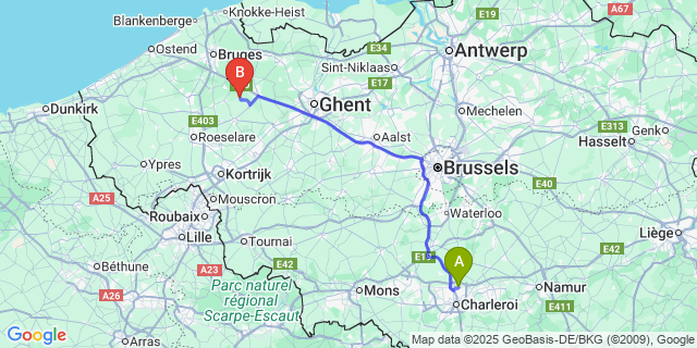 Map: Charleroi Airport Brussels South (CRL) to Doomkerke