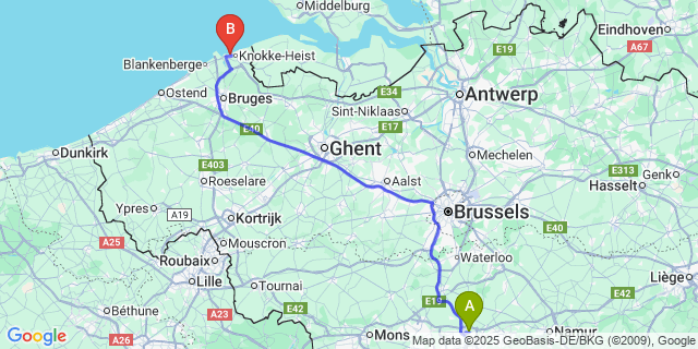 Map: Charleroi Airport Brussels South (CRL) to Duinbergen