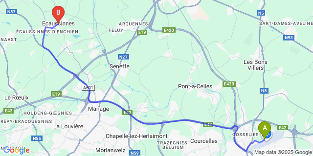 Map: Charleroi Airport Brussels South (CRL) to Écaussinnes
