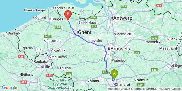 Map: Charleroi Airport Brussels South (CRL) to Eeklo
