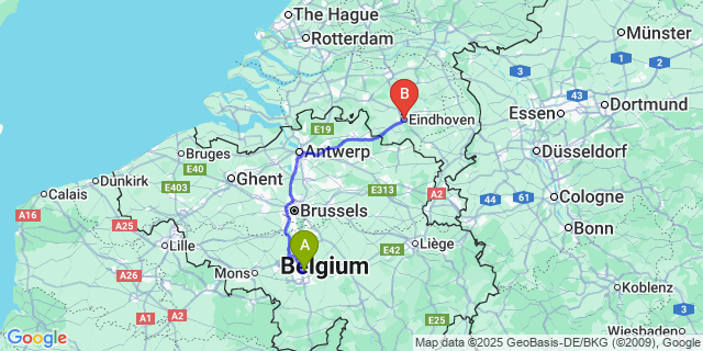 Map: Charleroi Airport Brussels South (CRL) to Eindhoven