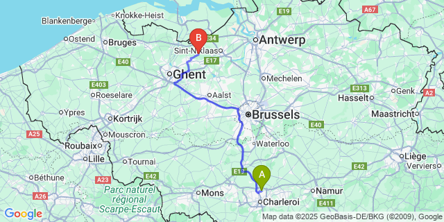 Map: Charleroi Airport Brussels South (CRL) to Eksaarde