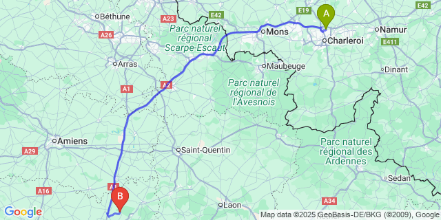 Map: Charleroi Airport Brussels South (CRL) to Elincourt-Sainte-Marguerite