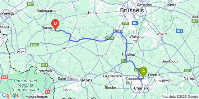 Map: Charleroi Airport Brussels South (CRL) to Ellezelles