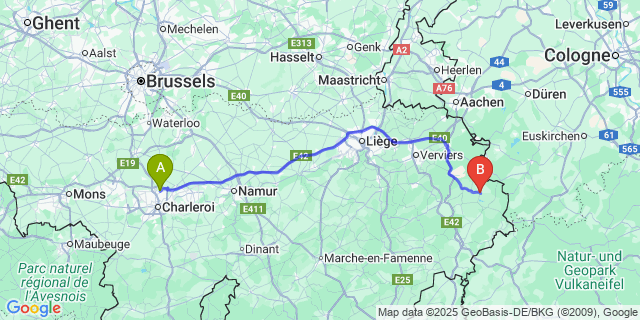 Map: Charleroi Airport Brussels South (CRL) to Elsenborn