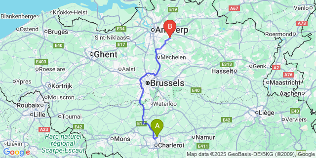 Map: Charleroi Airport Brussels South (CRL) to Emblem