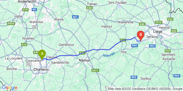 Map: Charleroi Airport Brussels South (CRL) to Engis